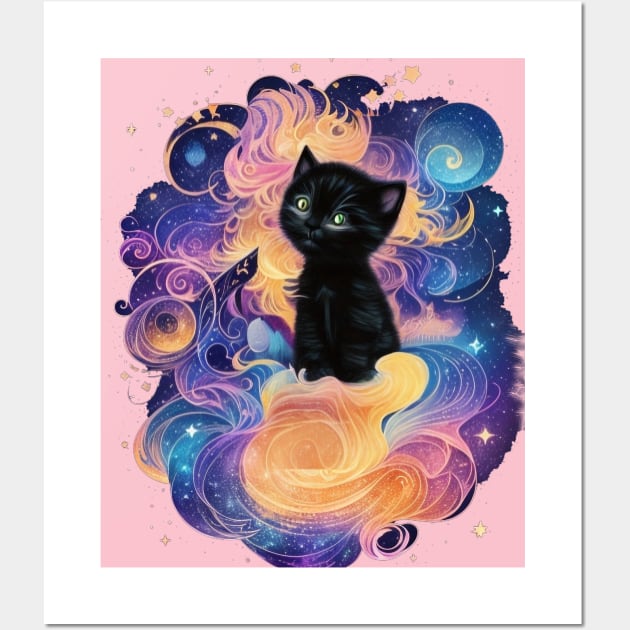 Night Magic: Black Kitten Sitting on Pink Clouds under a Starry Sky Wall Art by marleks